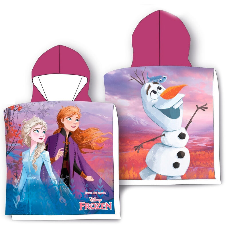 Poncho serviette Disney Frozen en coton blanc et bleu, dimensions 55x100 cm, parfait pour enfants après la baignade.