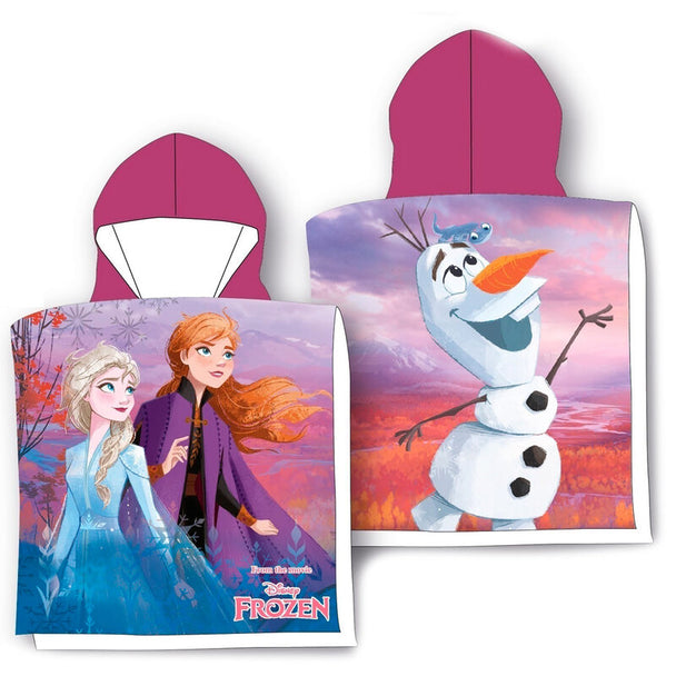 Poncho serviette Disney Frozen en coton blanc et bleu, dimensions 55x100 cm, parfait pour enfants après la baignade.