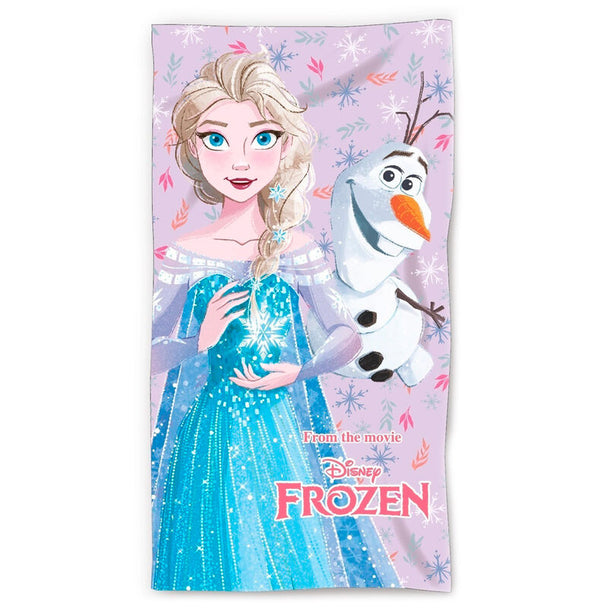 Serviette de plage Disney Frozen avec Elsa et Olaf, coton blanc imprimé, dimensions 70x140 cm, idéale pour enfants.