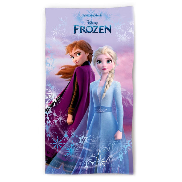 Serviette de plage Disney Frozen avec les personnages Elsa et Anna en coton 70x140cm, idéale pour enfants et fans du film.