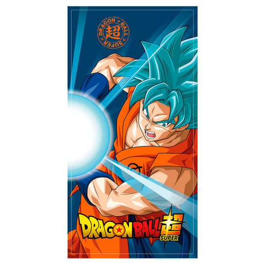 Serviette de plage Dragon Ball Super avec Goku en Super Saiyan Blue, 70x140cm, 100% coton, design officiel TOEI ANIMATION.