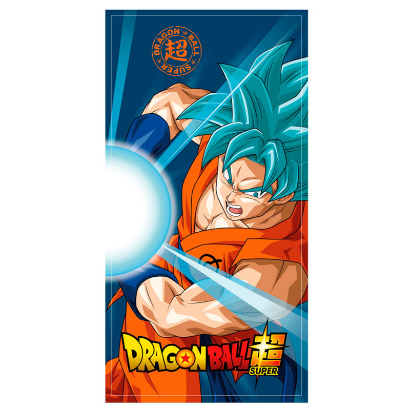 Serviette de plage Dragon Ball Super avec Goku en Super Saiyan Blue, 70x140cm, 100% coton, design officiel TOEI ANIMATION.