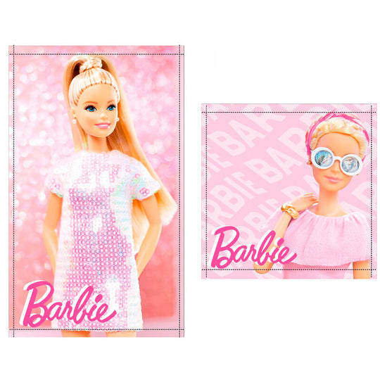 Lot de 2 serviettes Barbie en coton 100%, une serviette de main 30x50cm et une serviette visage 30x30cm, avec motifs colorés.