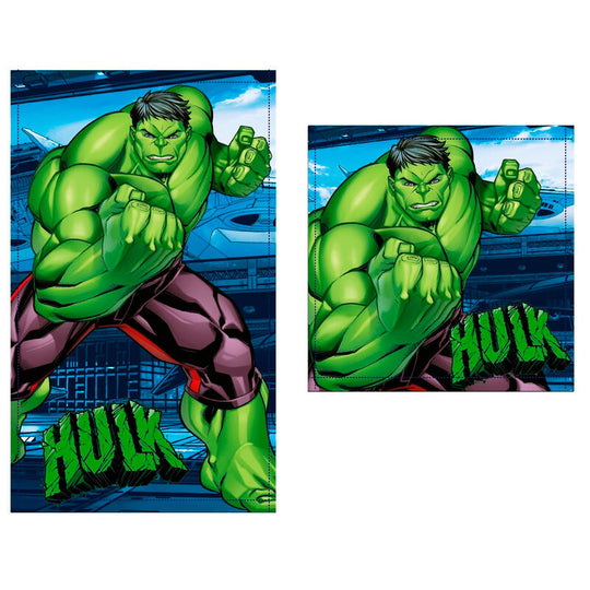 Set de 2 serviettes de bain Marvel Hulk en coton 100%, avec une serviette de main et une serviette visage, affichant un design vert et noir inspiré du super-héros.