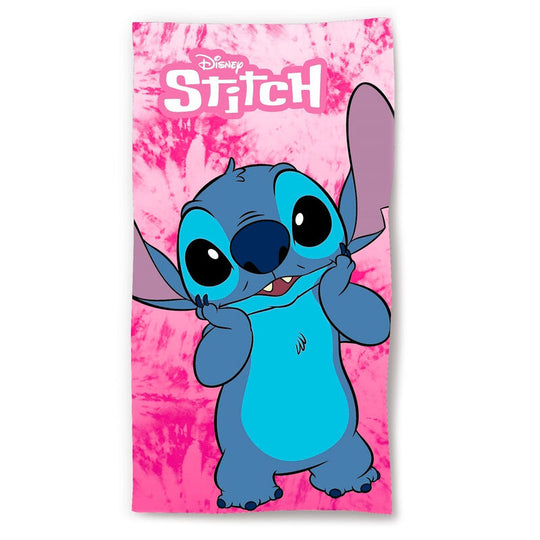 Serviette de plage Disney Stitch rose en microfibre, dimensions 70x140 cm, avec illustration du personnage Stitch.