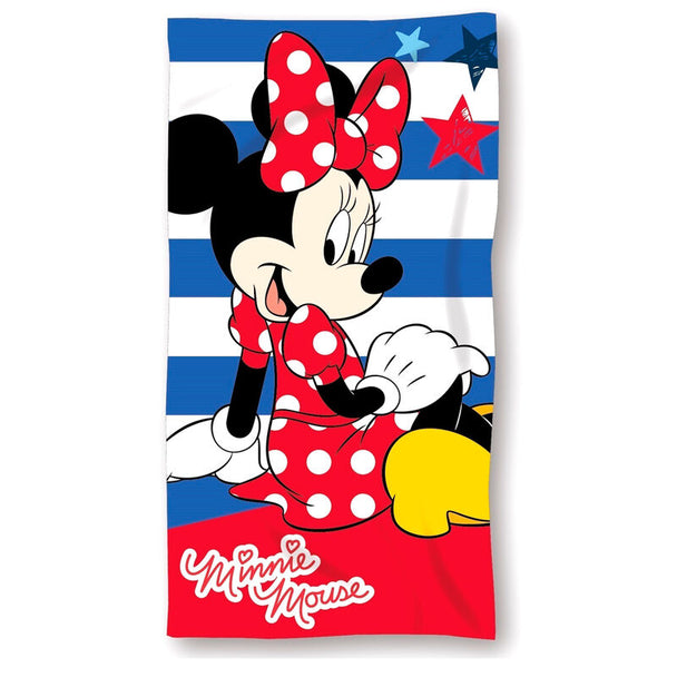 Serviette de plage Disney Minnie en microfibre 70x140 cm avec design coloré sur fond blanc.