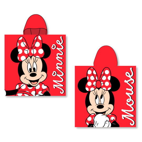 Poncho serviette Disney Minnie en coton blanc et rose, dimensions 55x100cm, posé sur fond clair.