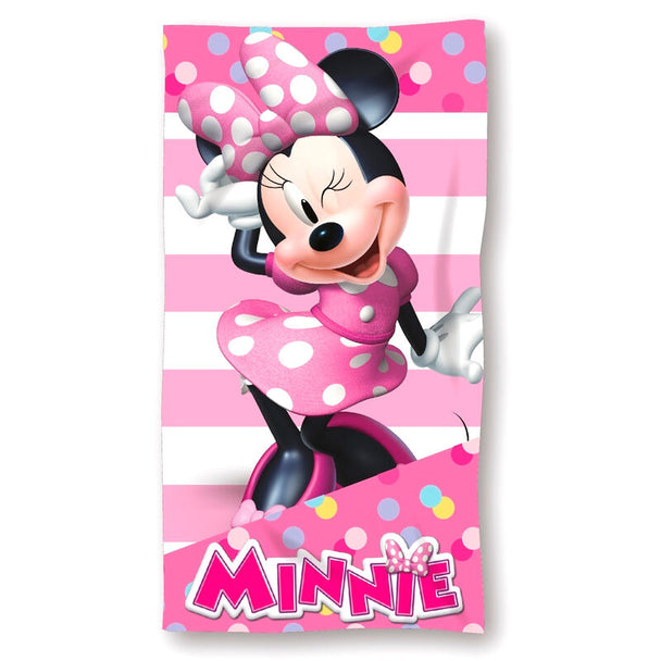 Serviette de plage Disney Minnie en coton 100% avec dimensions 70x140 cm, design coloré et doux au toucher.