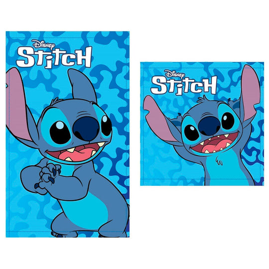 Set de 2 serviettes Disney Stitch en coton, comprenant une serviette de toilette et une serviette visage, motifs colorés et doux au toucher.