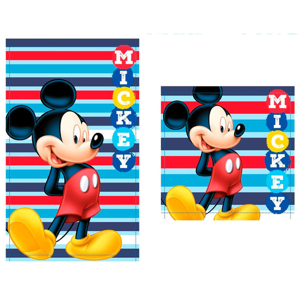 Set de deux serviettes de bain Disney Mickey en coton blanc avec motifs imprimés, dimensions 30x50 cm et 30x30 cm.