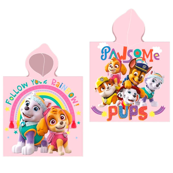 Poncho serviette Paw Patrol en coton blanc avec motifs colorés, dimensions 55x100cm, marque SPIN MASTER, idéal pour enfants à la plage ou piscine.