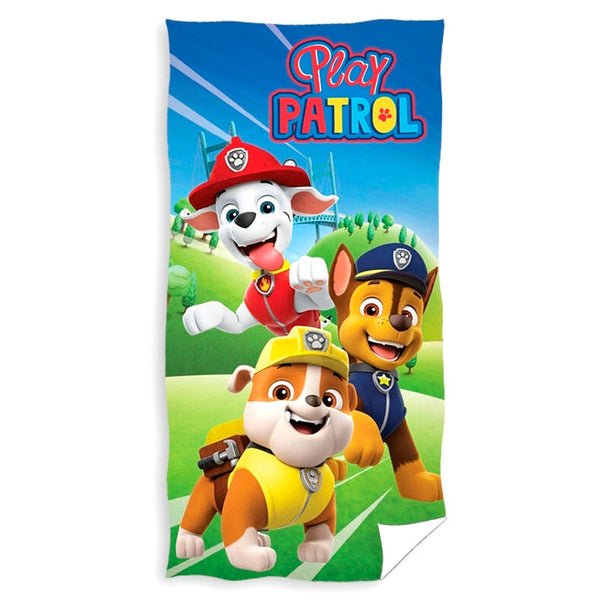 Serviette de plage pour enfant Paw Patrol en coton blanc avec motifs colorés, dimensions 70x140 cm, marque SPIN MASTER.