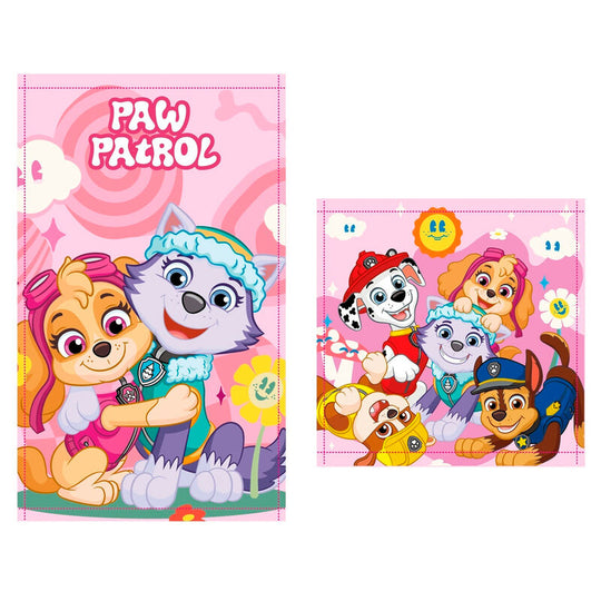 Set de 2 serviettes de bain Paw Patrol en coton blanc avec motifs colorés, dimensions 30x50cm et 30x30cm, idéale pour enfants.
