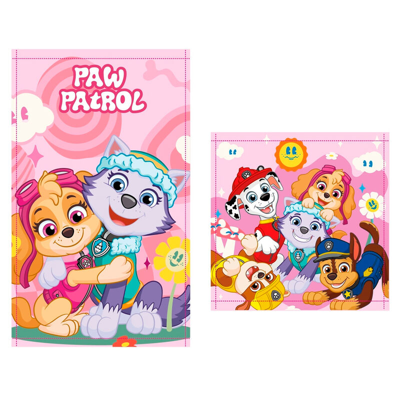 Set de 2 serviettes de bain Paw Patrol en coton blanc avec motifs colorés, dimensions 30x50cm et 30x30cm, idéale pour enfants.