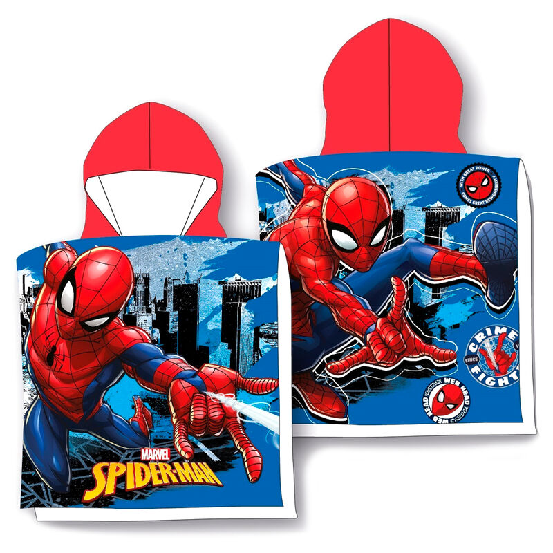 Poncho serviette microfibre Spiderman Marvel rouge et bleu, taille 50x100cm, parfait pour la plage ou la piscine.