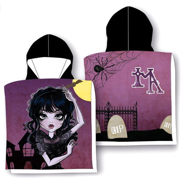 Poncho serviette Gothic Girl en coton blanc 55x100cm avec design Creageek Multivers, idéal pour la plage et la piscine.
