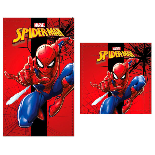 Set de 2 serviettes de bain Marvel Spiderman en coton, avec motifs rouges et bleus, dimensions 30x50 cm et 30x30 cm.