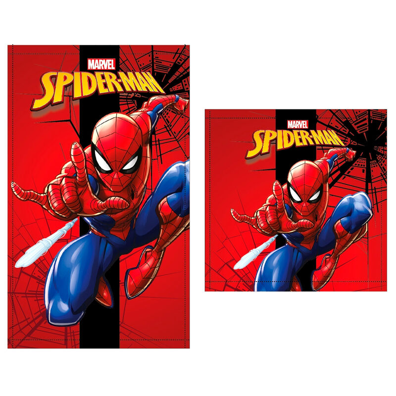 Set de 2 serviettes de bain Marvel Spiderman en coton, avec motifs rouges et bleus, dimensions 30x50 cm et 30x30 cm.
