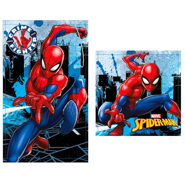 Set de deux serviettes Marvel Spiderman en coton 100%, une serviette main et une serviette visage, aux couleurs vives et design super-héros.