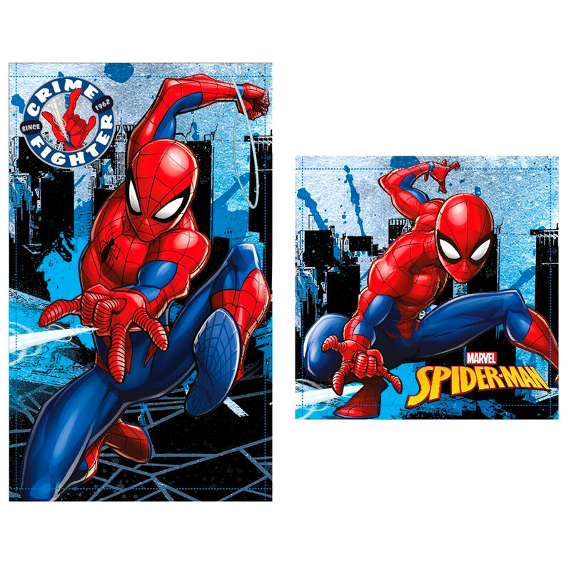 Set de deux serviettes Marvel Spiderman en coton 100%, une serviette main et une serviette visage, aux couleurs vives et design super-héros.