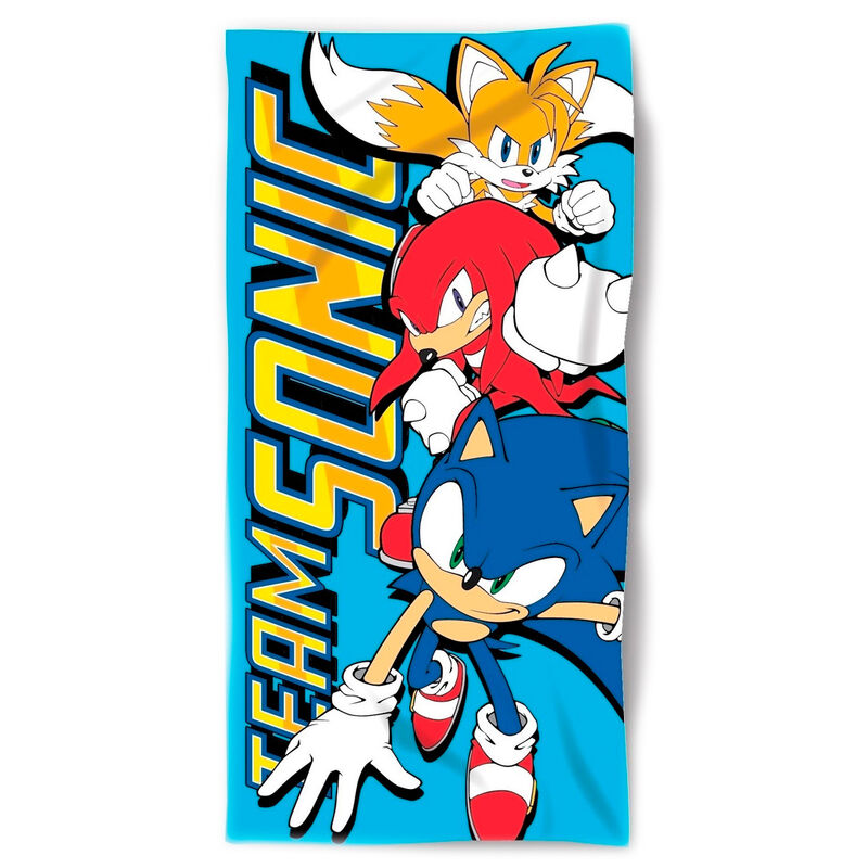 Serviette de plage Sonic The Hedgehog en coton 100% avec logo SEGA, dimensions 70x140cm, design coloré et vibrant.