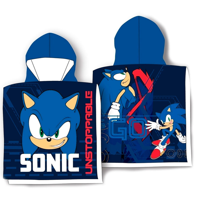 Poncho serviette Sonic The Hedgehog en coton blanc et bleu, dimensions 55x100 cm, design officiel SEGA.