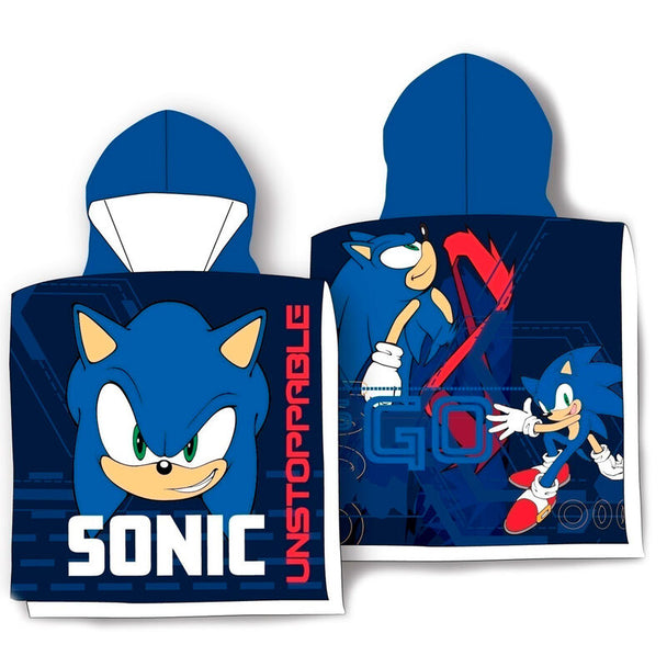 Poncho serviette Sonic The Hedgehog en coton blanc et bleu, dimensions 55x100 cm, design officiel SEGA.