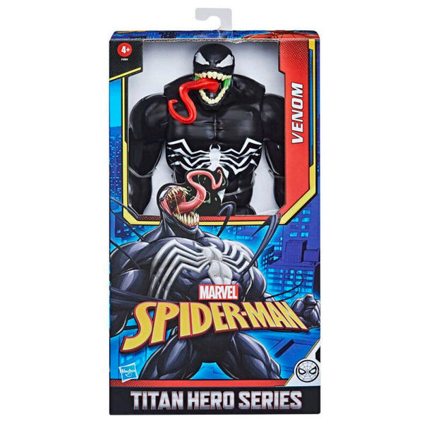 Figurine articulée Venom Spider-Man 30cm de la série Marvel Titan Hero par HASBRO, vue de face avec détails précis du costume noir et blanc