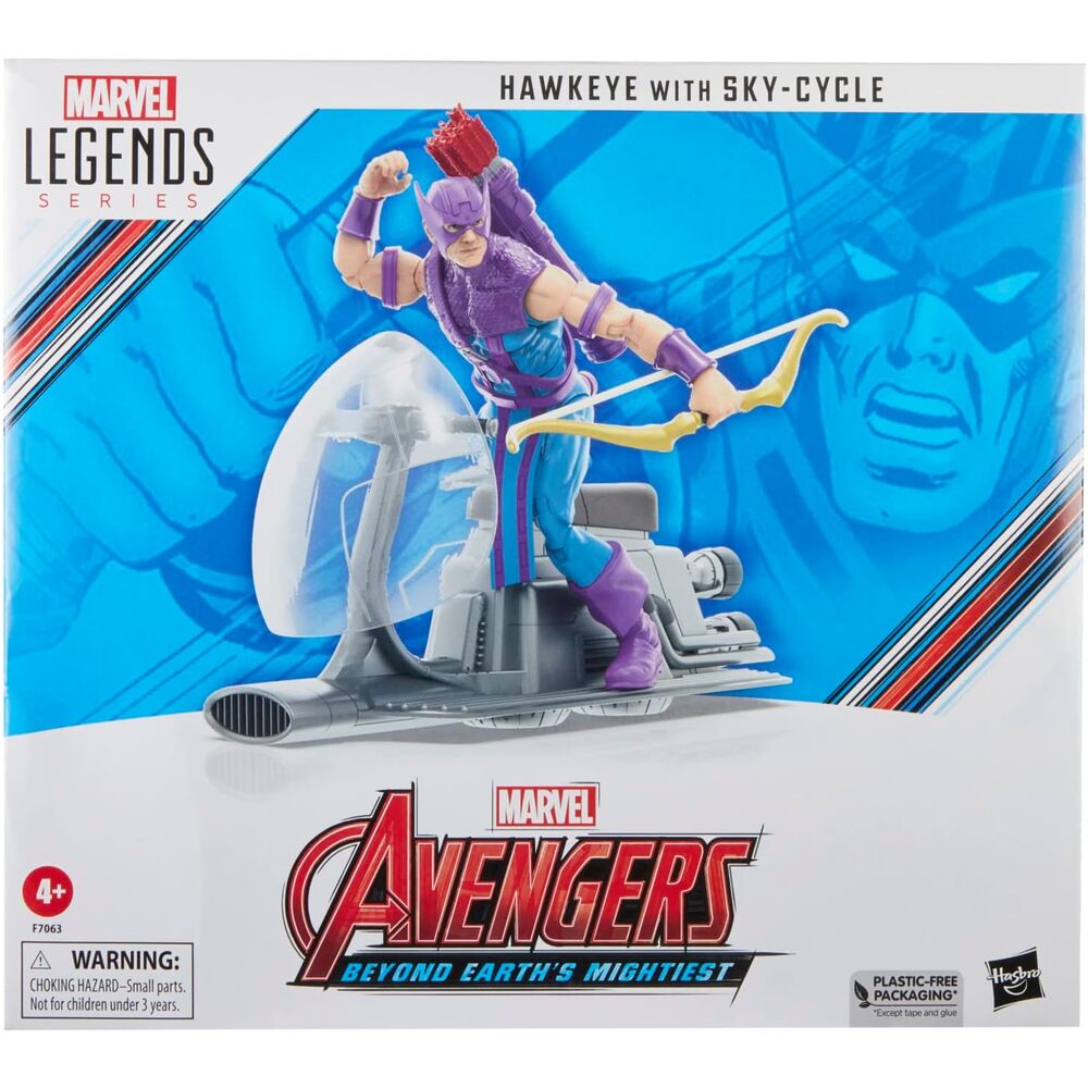 Ensemble complet figurine Hawkeye avec Sky-Cycle et accessoires sur fond blanc