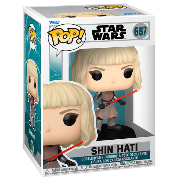 Vue de profil de la figurine Funko POP Ahsoka 2 Shin Hati Star Wars dans sa boîte cadeau.