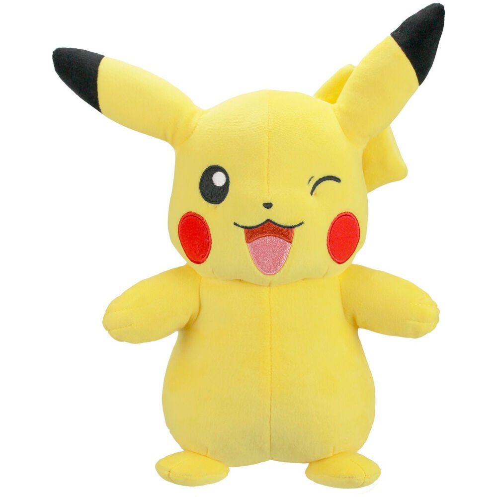 Peluche Pikachu Pokémon jaune vif de 27cm signée JAZWARES, vue de face sur fond blanc.