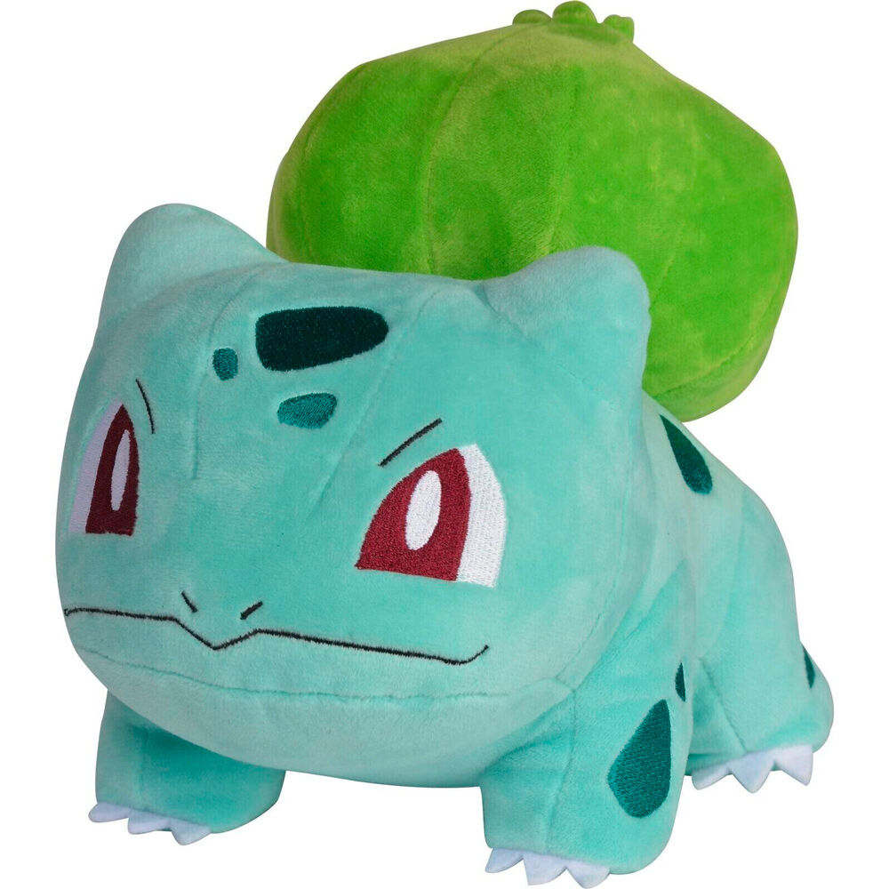 Peluche Bulbizarre Pokémon de 23 cm, fabriquée par JAZWARES, vue de face avec détails soignés et couleurs vives.