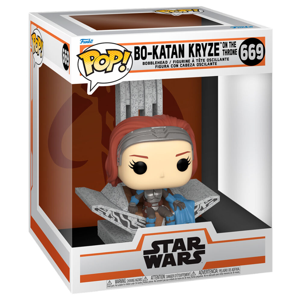 Figurine FUNKO POP Bo-Katan Kryze en édition Deluxe montrant les détails de la tenue et des accessoires sur fond neutre