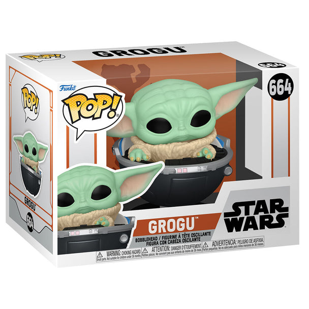 Vue rapprochée de la figurine Funko POP Grogu avec détails précis du personnage dans sa boîte collector