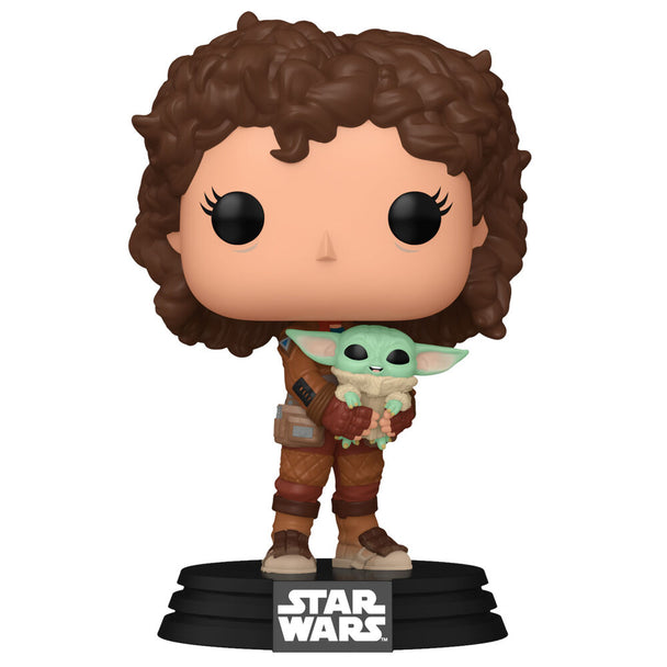 Figurine Funko POP Mandalorian 9 cm avec Peli Motto et Grogu dans boîte vitrine