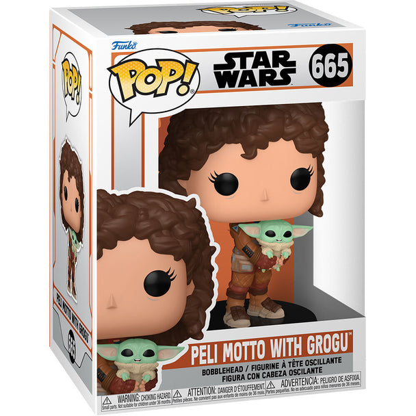 Vue détaillée de la figurine Funko POP Star Wars Mandalorian Peli Motto avec Grogu
