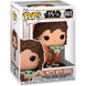 Vue détaillée de la figurine Funko POP Star Wars Mandalorian Peli Motto avec Grogu