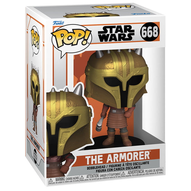 Détail de la figurine Funko POP The Armorer, personnage emblématique de Star Wars Mandalorian, en vinyle