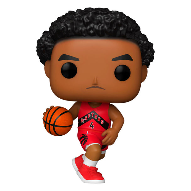 Vue latérale de la figurine POP FUNKO Scottie Barnes des Toronto Raptors, mettant en valeur les couleurs et le design