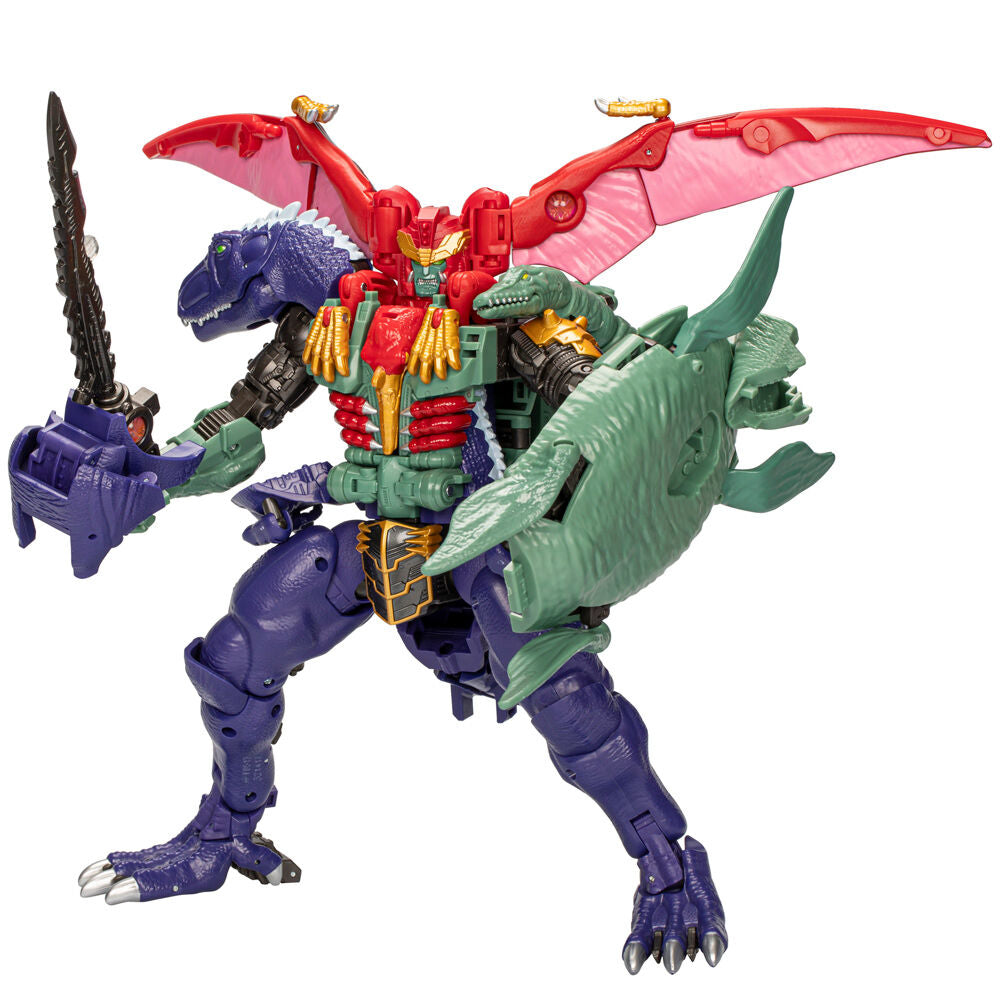Figurine Transformers Magmatron en mode dinosaure fusionné Magmasaurus, démontrant la complexité des 33 étapes.