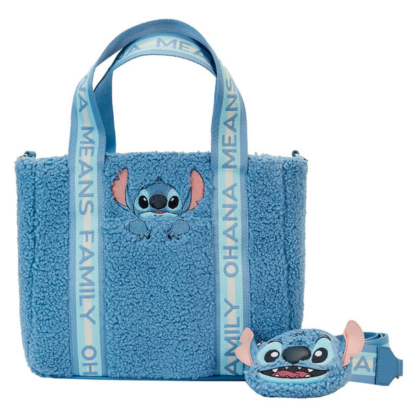 Sac tote Loungefly Stitch Disney en peluche sherpa avec détails brodés sur fond blanc