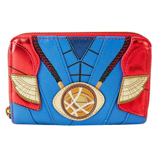 Vue avant du portefeuille Loungefly Doctor Strange Marvel en cuir vegan avec fermeture zippée dorée