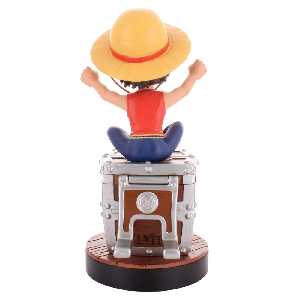Détail du visage de la figurine Luffy sur le support Cable Guy One Piece 20cm