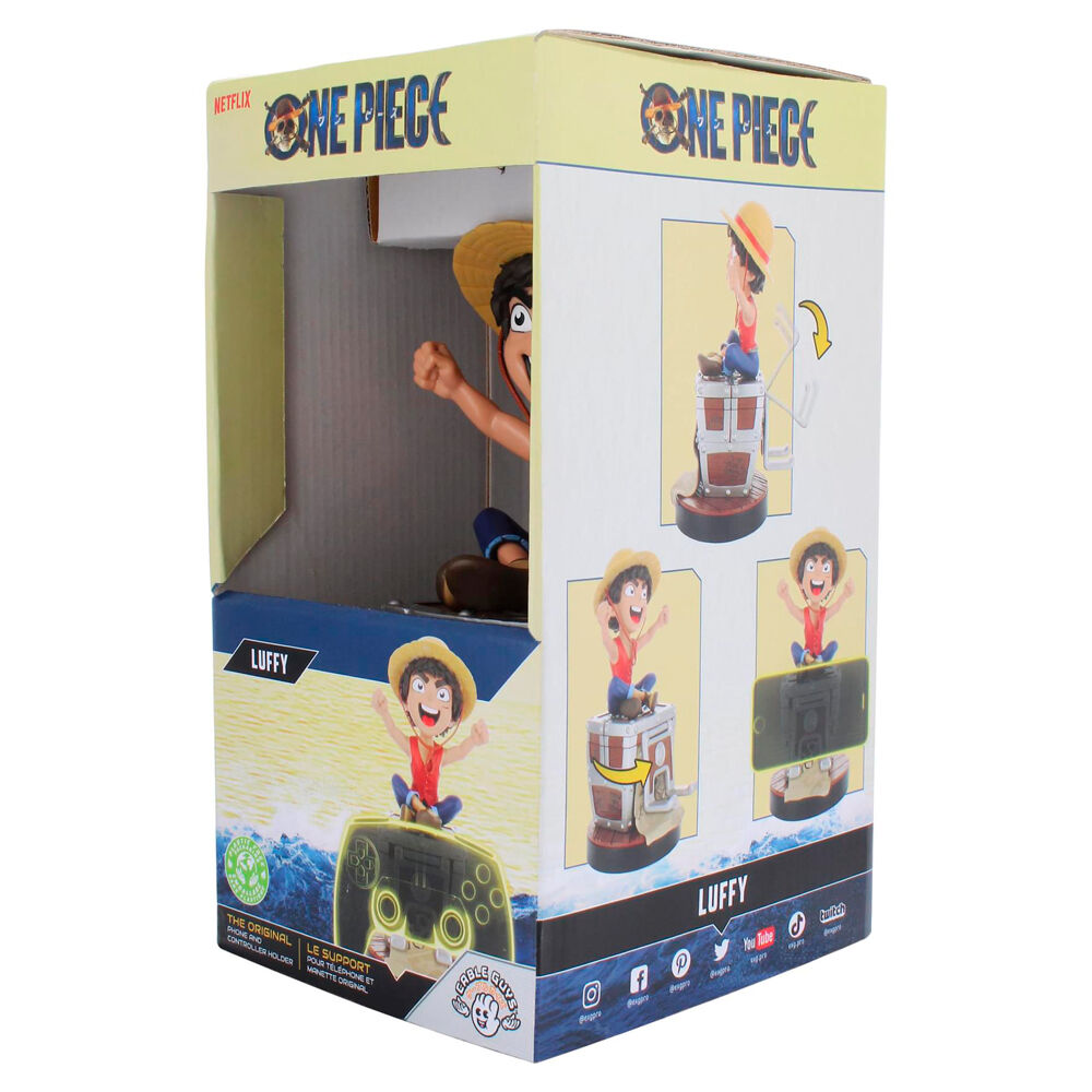 Support Cable Guy Luffy tenant une télécommande universelle sur bureau moderne