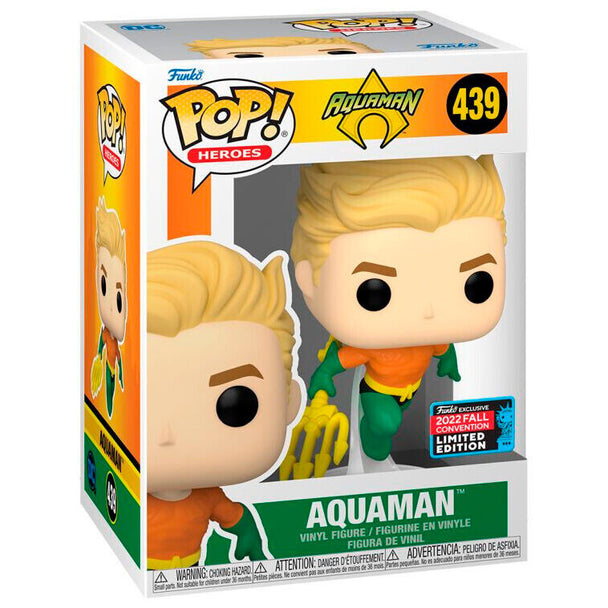 Figurine Funko POP exclusive d'Aquaman de DC Comics, vinyle 9cm dans sa boîte vitrine collector.