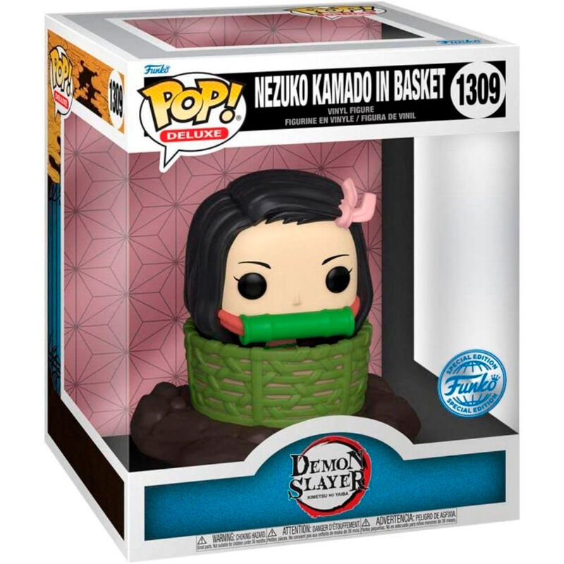 Figurine POP Deluxe Nezuko Kamado de Demon Slayer avec son panier, vue de face montrant les détails du visage et des vêtements.