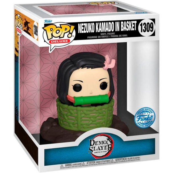 Figurine POP Deluxe Nezuko Kamado de Demon Slayer avec son panier, vue de face montrant les détails du visage et des vêtements.