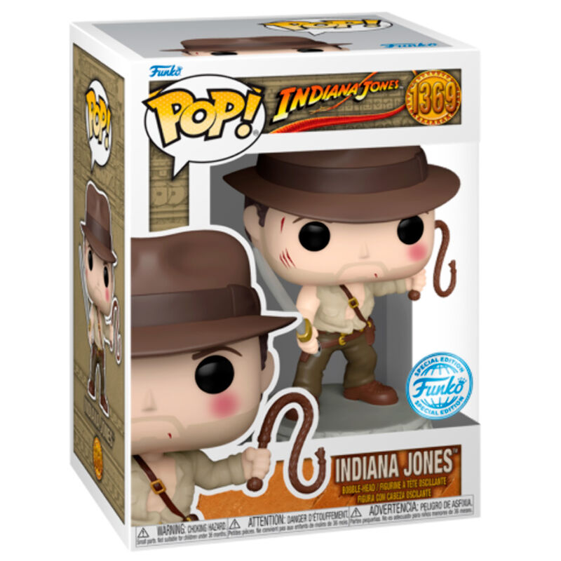 Figurine Funko POP Indiana Jones exclusive de 9 cm en vinyle dans sa boîte fenêtre cadeau, vue avant détaillée.