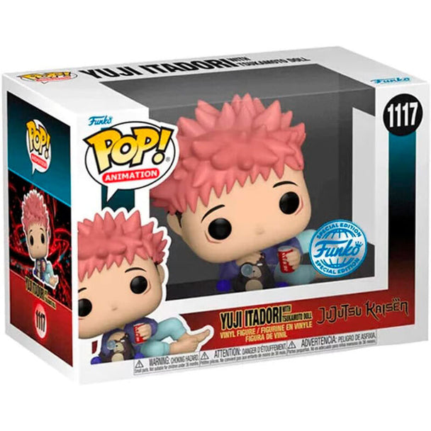 Figurine Funko POP exclusive de Yuji Itadori de Jujutsu Kaisen en vinyle, vue de face dans sa boîte vitrine de 9 cm