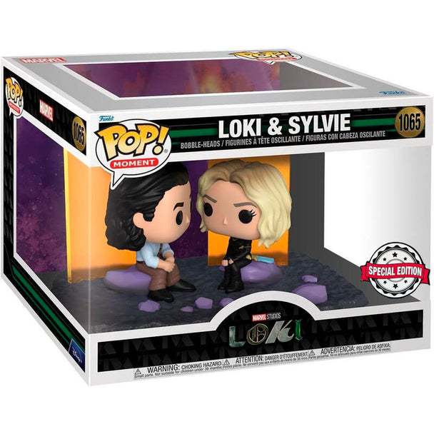 Figurine POP Marvel exclusive montrant Loki et Sylvie en pose dynamique, édition FUNKO Moment.